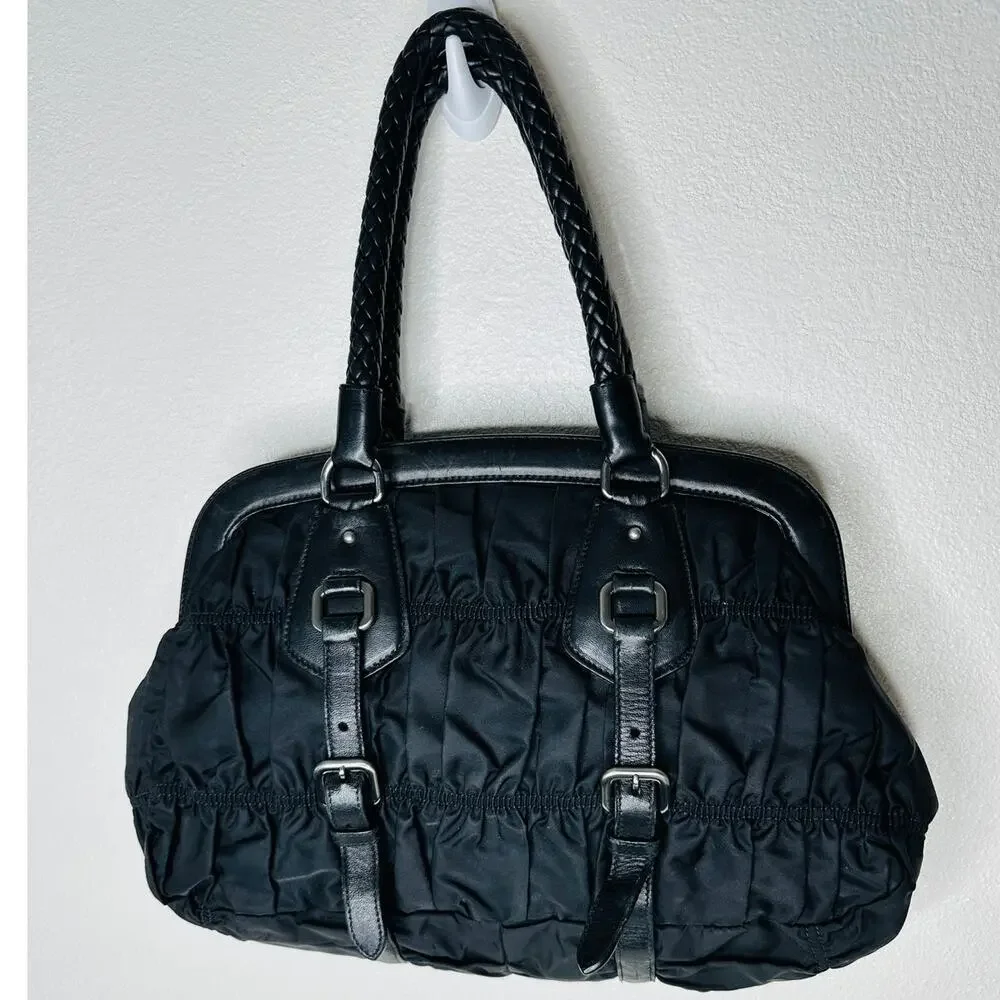 Prada Vintage 90s Black Nylon & Leather Buckle Braided Handle Purse - Picture 3 of 16